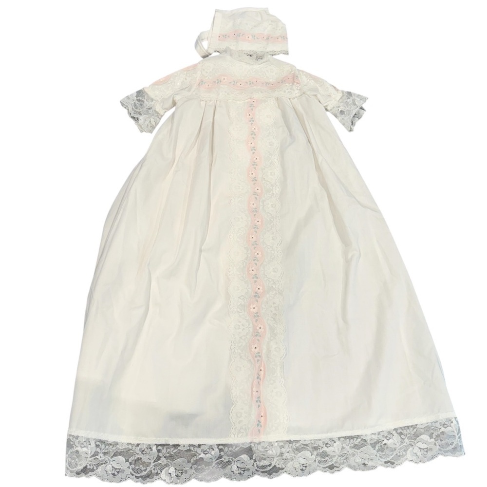 Baby girl baptism dedication extra long white dress + bonnet vtg infant-9 month